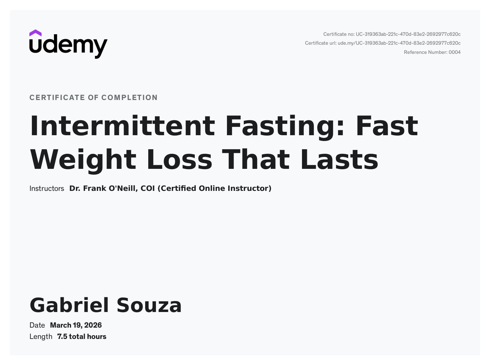 Certificado de Jejum Intermitente — Dr. O'Neil