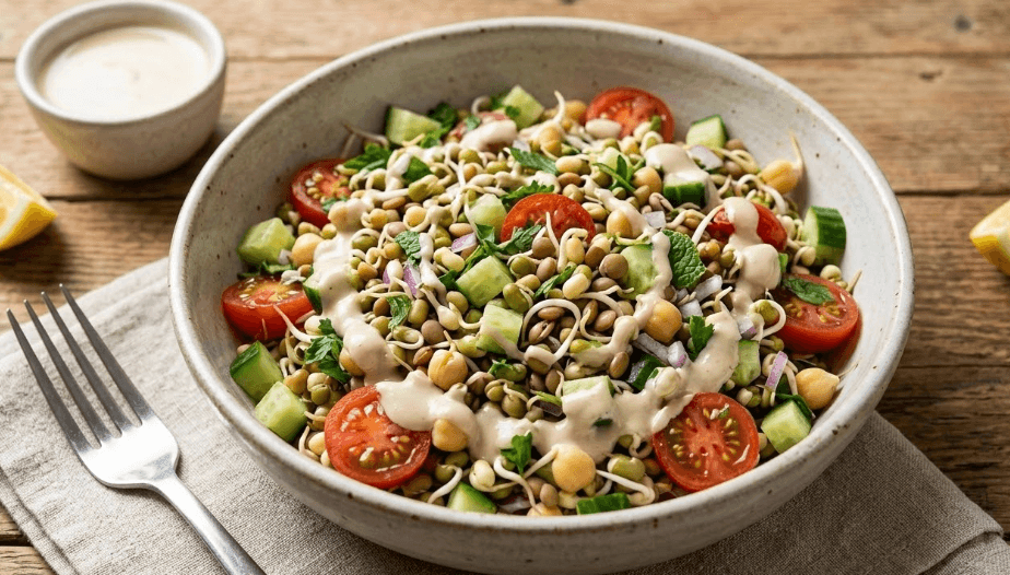 Salada de Grãos Germinados com Molho de Tahine